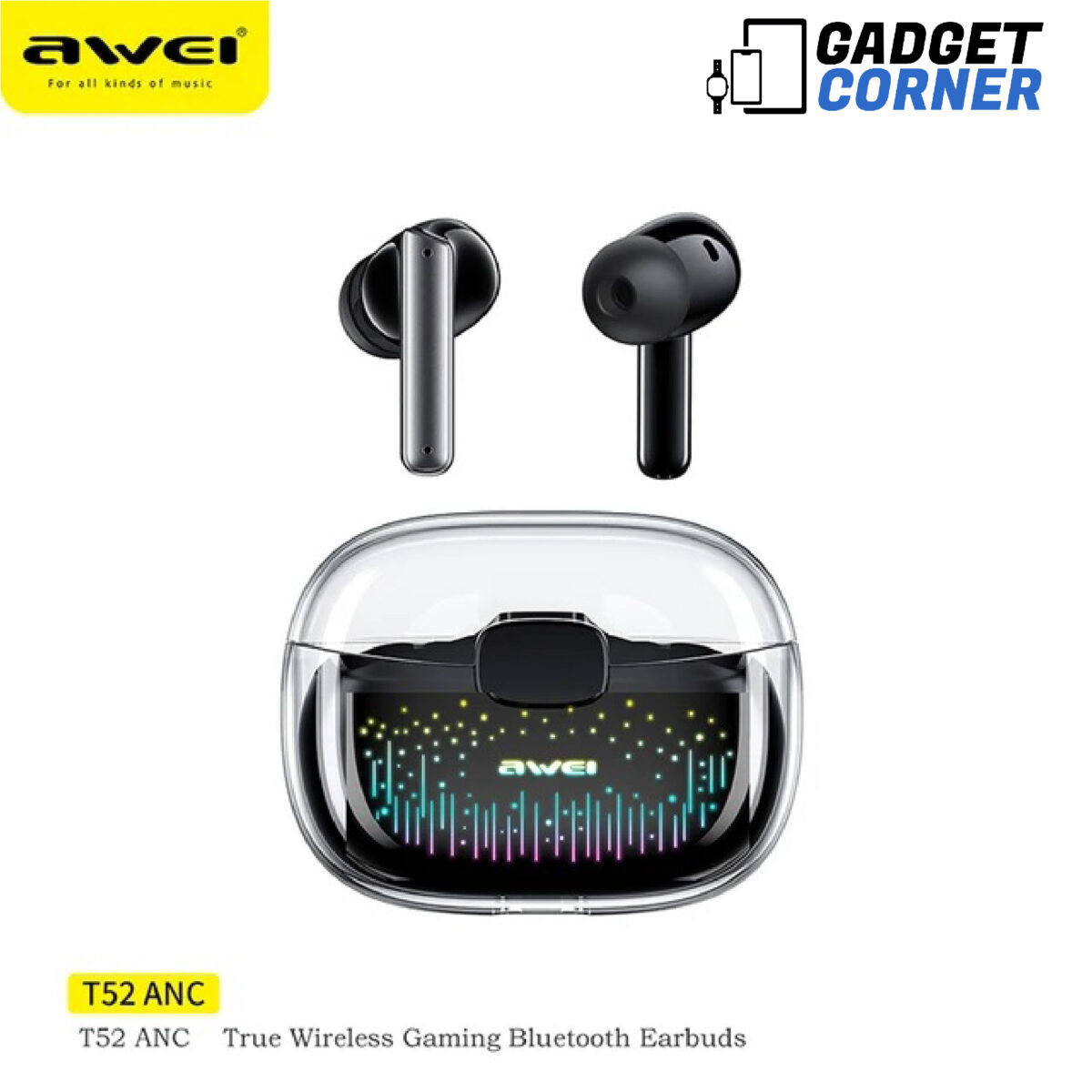 Awei T52 ANC TWS Wireless Earbuds Colorful Breathing Light Headphones.