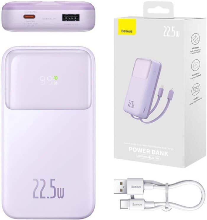 Baseus Comet Series 20000mAh 22.5W Dual Cable Digital Display Power Bank Purple